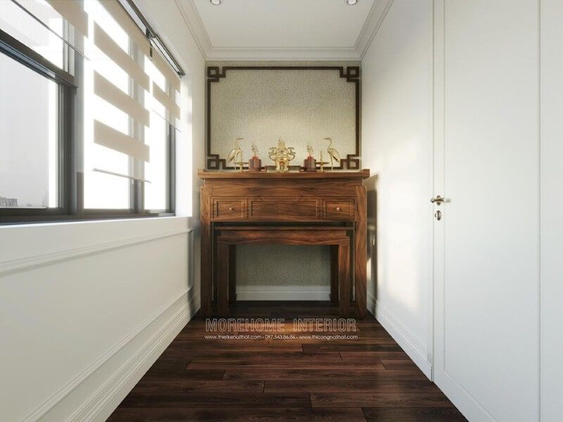 Nội thất phòng thờ chung cư được thiết kế để tạo ra một không gian sang trọng và thành kính.